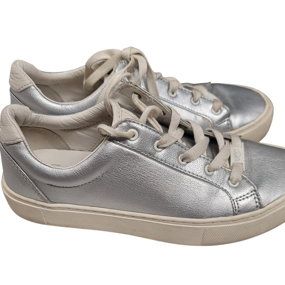 UGG Silver Leather Sneakers Lace Up Casual Comfortable Shoes